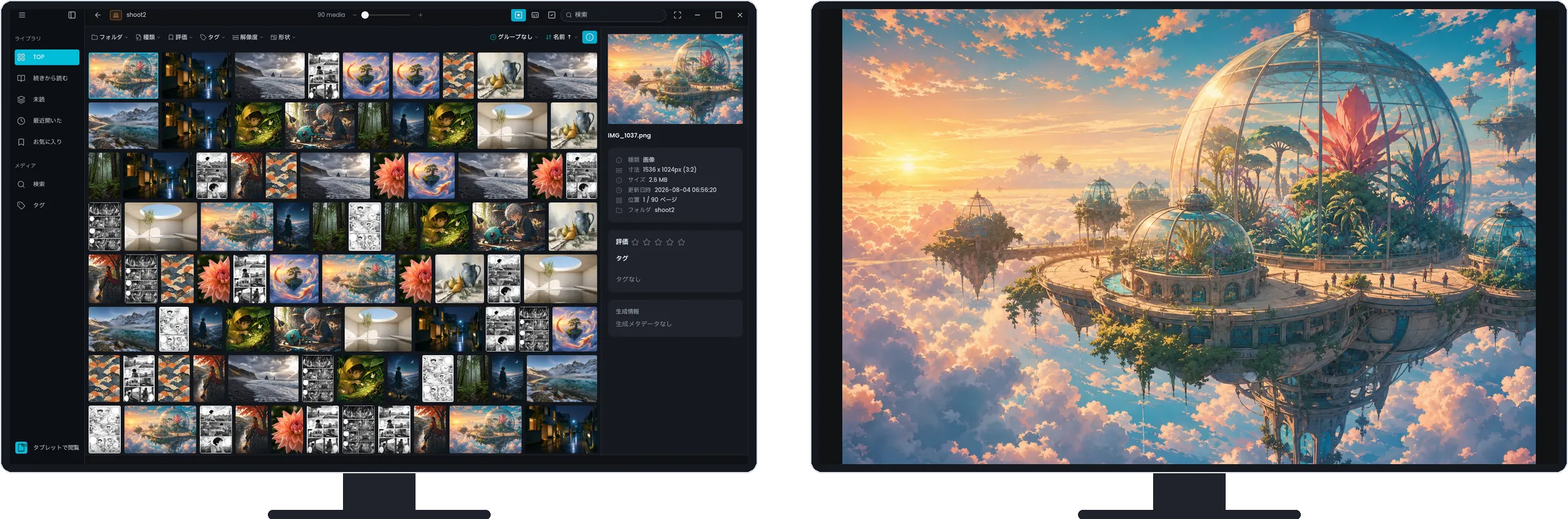 2台の画面にMekurioを表示した様子 — 左の画面のグリッドで選んだ画像が、右の画面の同期ビューアに大きく表示されている